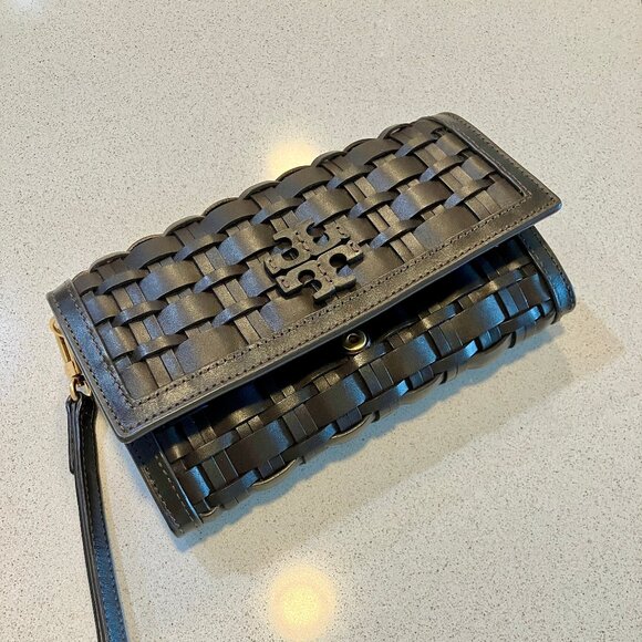 TORY BURCH Britten Woven Flap Wallet Wristlet - Deep Brown - Picture 15 of 15